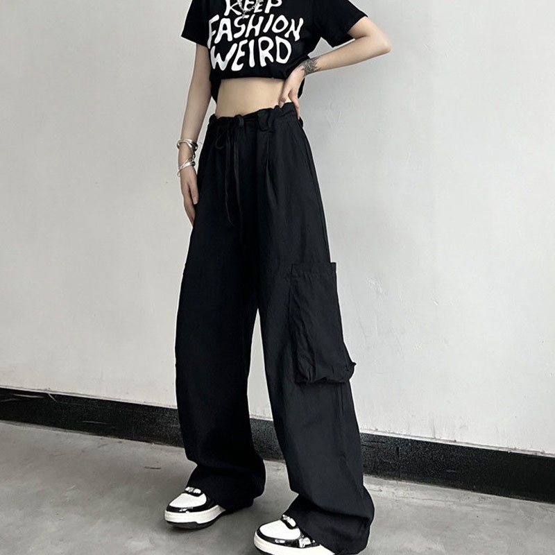 XIN LAN YA SHE Quần ống rộng Lưng Cao Màu Đen Thời Trang Mùa Hè Cho Nữ