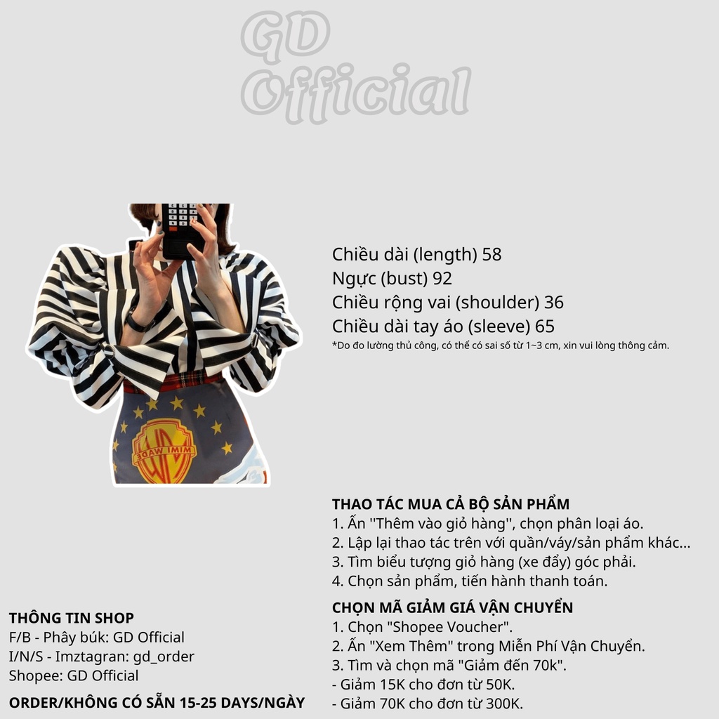 A89|Áo sơ mi kẻ sọc tay phồng cá tính cho nữ công sở dạ tiệc GD Official