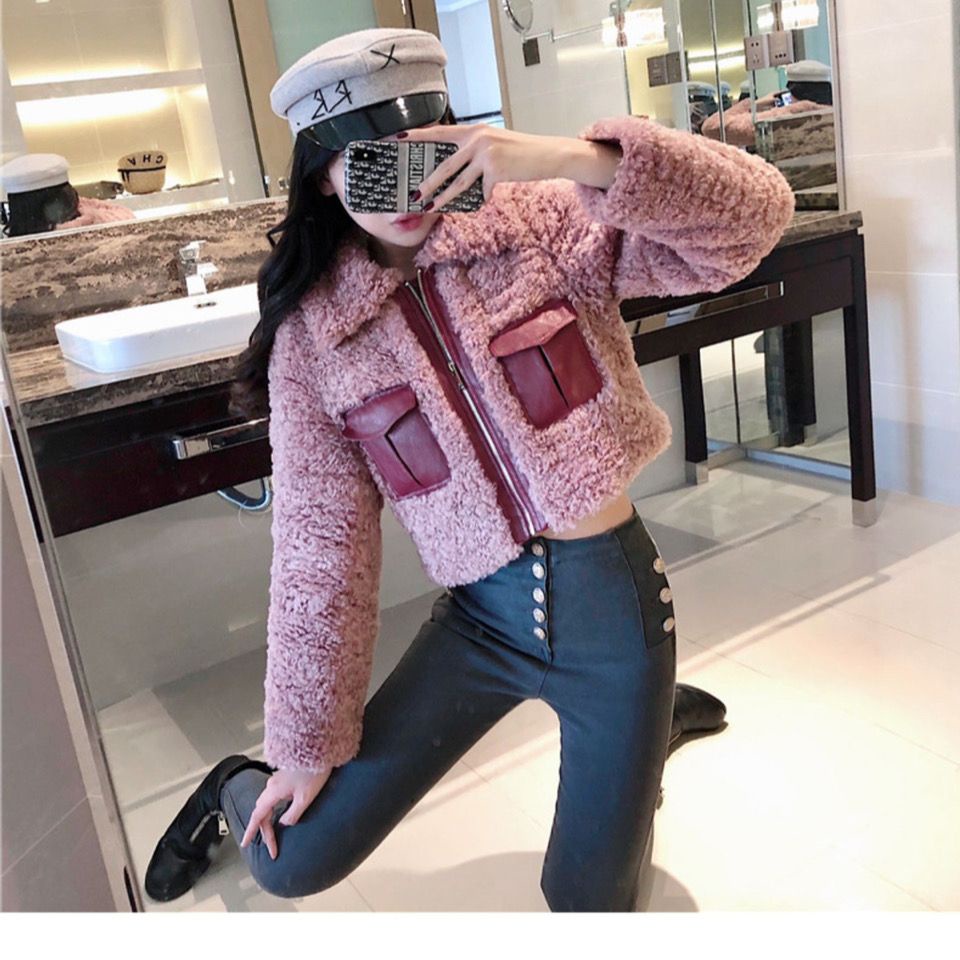 Lamb wool coat female autumn winter 2021 new style fur all-in-one short-style furry blouse is plush and thickened