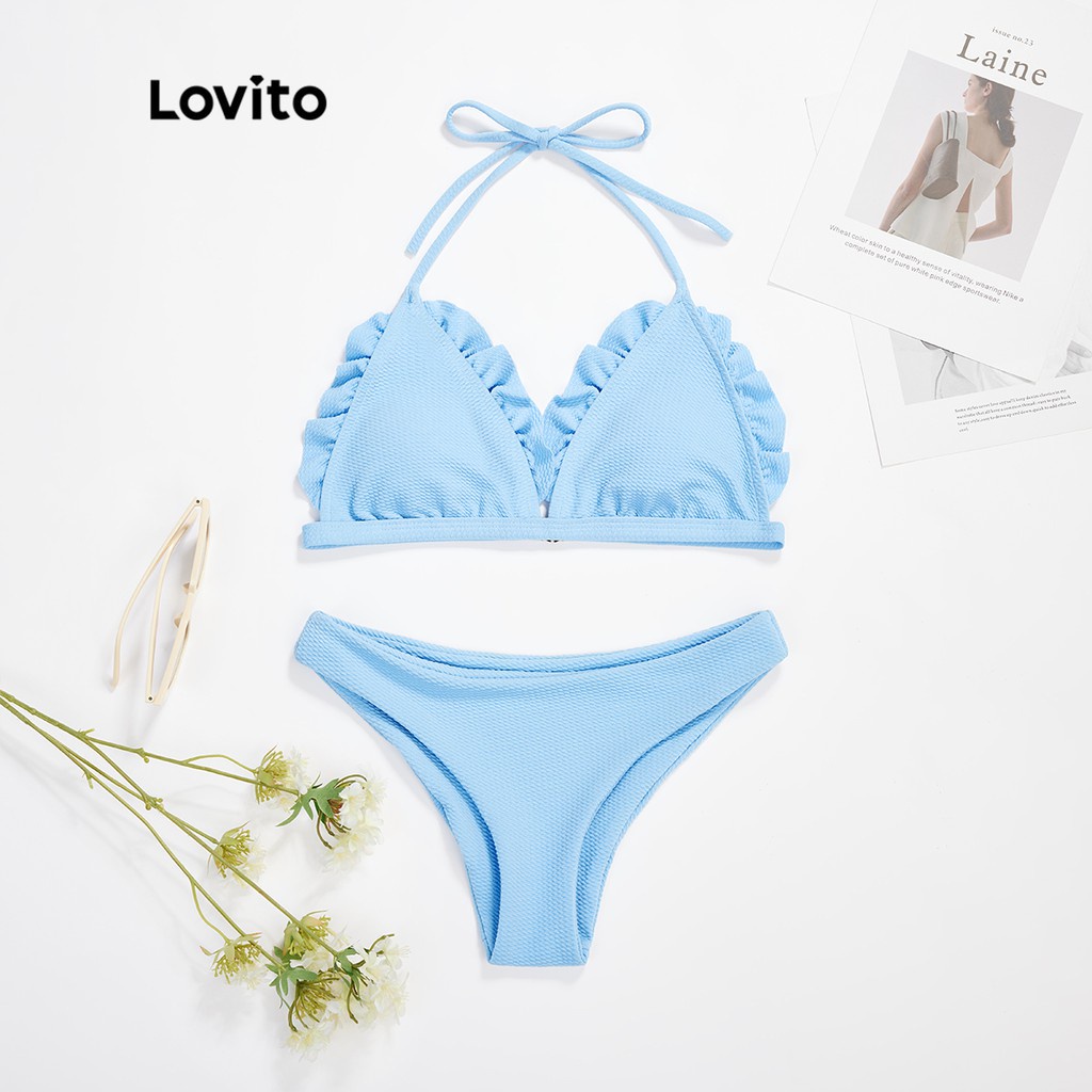 Bộ bikini Lovito viền xếp nếp có dây buộc màu trơn miếng lót ngực có thể tháo rời dễ thương L16X265 (Màu xanh lam)