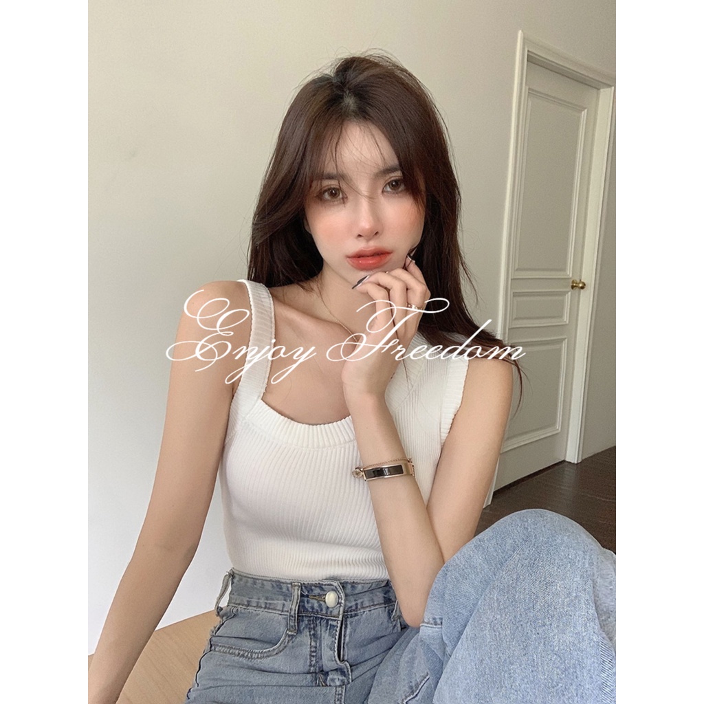 Enjoy Freedom Áo Bra Dệt Kim Không Tay Thiết Kế Lệch Vai Quyến Rũ Cho Nữ áo croptop