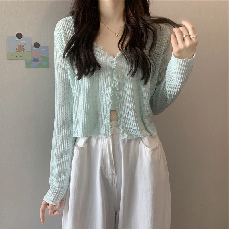 Áo Khoác Cardigan Dệt Kim Mỏng Phối Ren Cổ Chữ v Thời Trang Mùa Hè Dành Cho Nữ