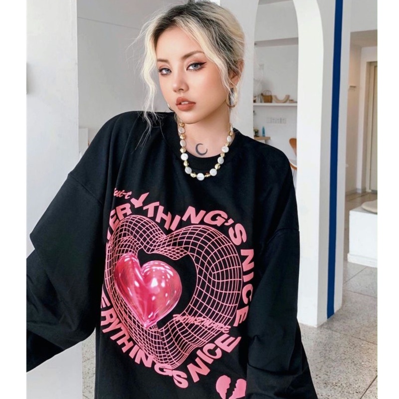 Áo thun sweater tay dài in hình trái tim thời trang xuân thu