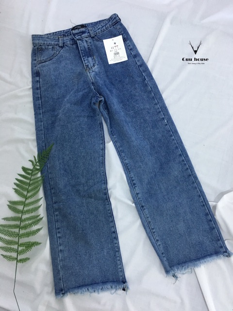 Quần bò ống rộng denim tua gấu