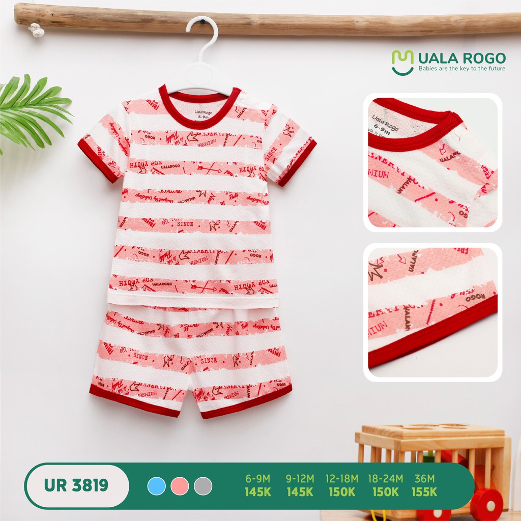 UR3819 Bộ cộc cài vai cotton Uala Rogo kẻ in chữ (6-36M)