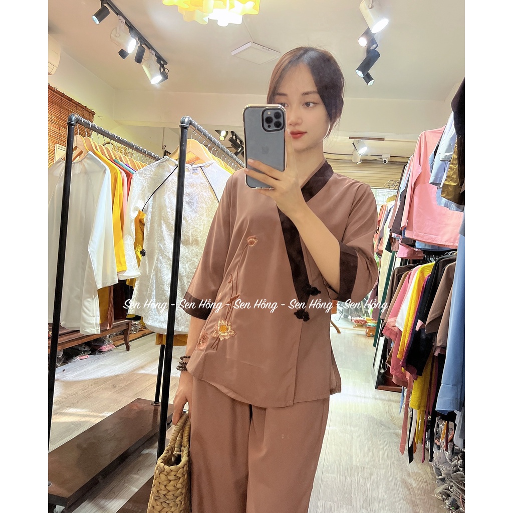 QUẦN ÁO ĐI CHÙA - set Phật tử thêu sen - đồ lam đi lễ nữ vải kate #Sen Hồng mã 030