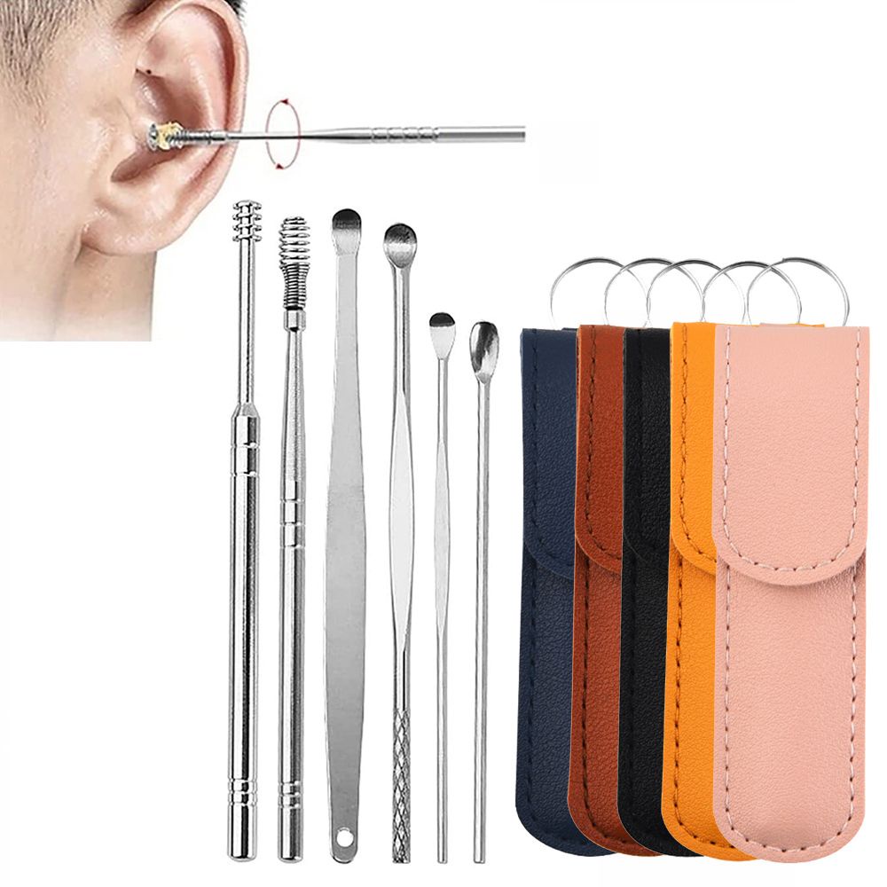(Hàng Mới Về) Set 6 Dụng Cụ Lấy Ráy Tai Bằng Da Pu Và Thép Không Gỉ Hai Đầu Tái Sử Dụng Linh Hoạt