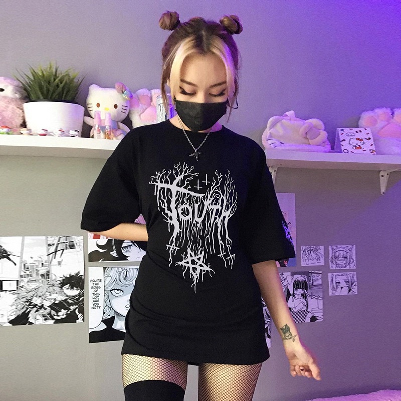 Áo Thun Dáng Rộng Tay Ngắn In Họa Tiết Phong Cách Gothic Thời Trang Cho Nữ D0401