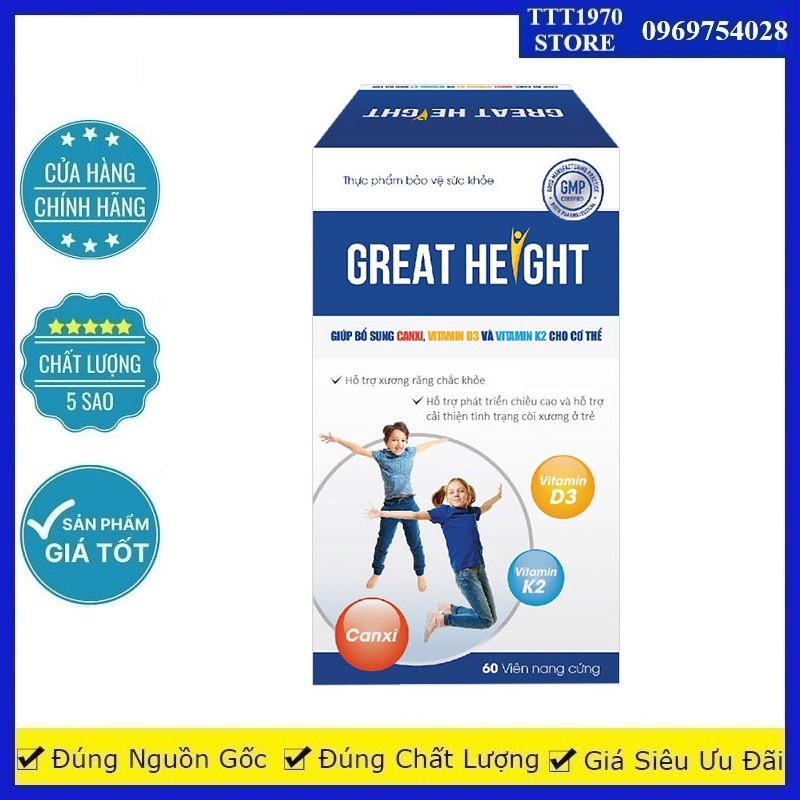 Viên Uống GREAT HEIGHT Hộp 60 Viên - Bổ sung canxi, vitamin D3-MK7, hỗ trợ phát triển chiều cao cho trẻ em