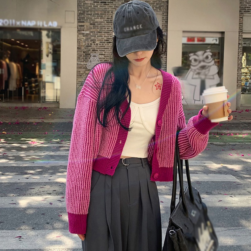 Áo Khoác Cardigan Dệt Kim Cổ Chữ V Họa Tiết Kẻ Sọc Màu Tương Phản Phong Cách Hàn Quốc Cho Nữ