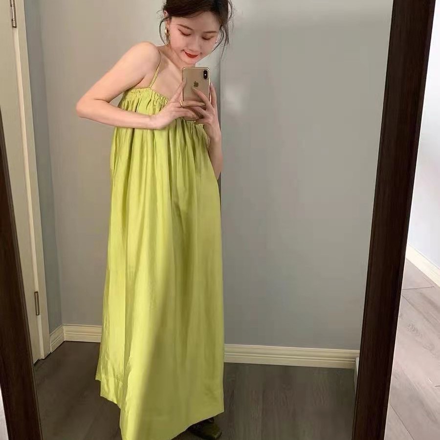 sẵn Jane Đầm suông hai dây đi biển Korea 2021 Xanh lá Pastel thời thượng C144