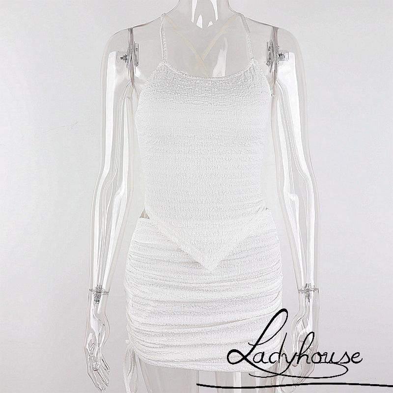 Bộ Trang Phục Hai Mảnh Gồm Áo Hai Dây Màu Trơn Và Chân Váy Dây Rút Màu Đen/Trắng Thời Trang Quyến Rũ Cho Nữ