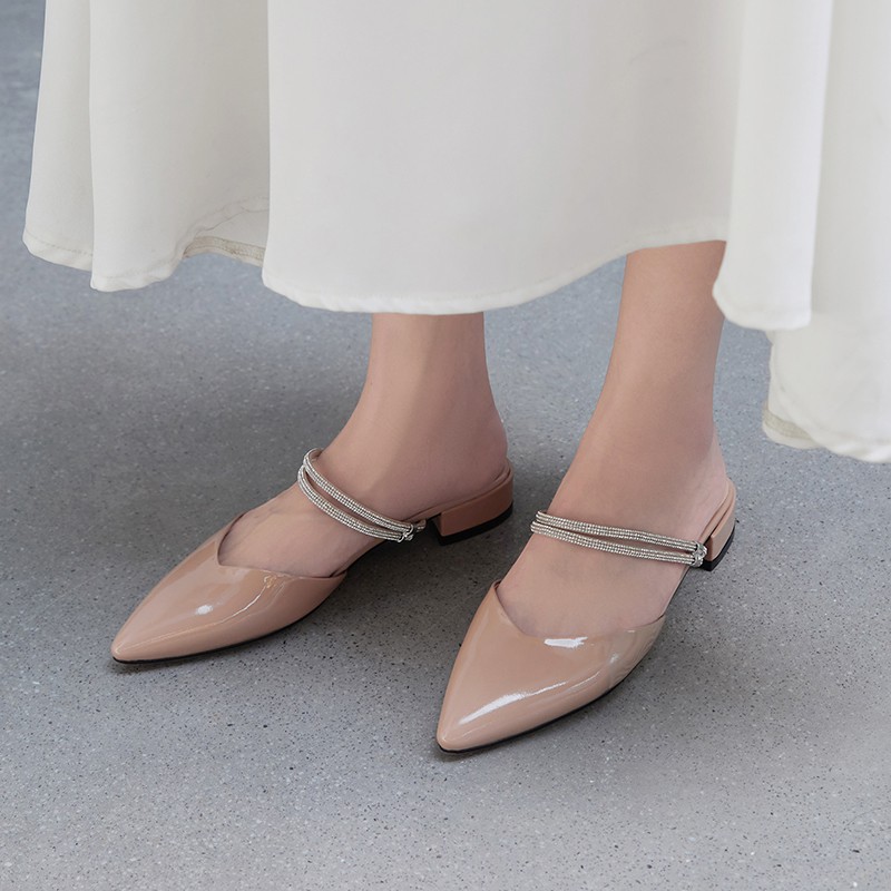 Giày cao gót  thời trang mũi nhọn phối dây hở gót cao 2cm màu trắng size lớn 40 41 42 43 44