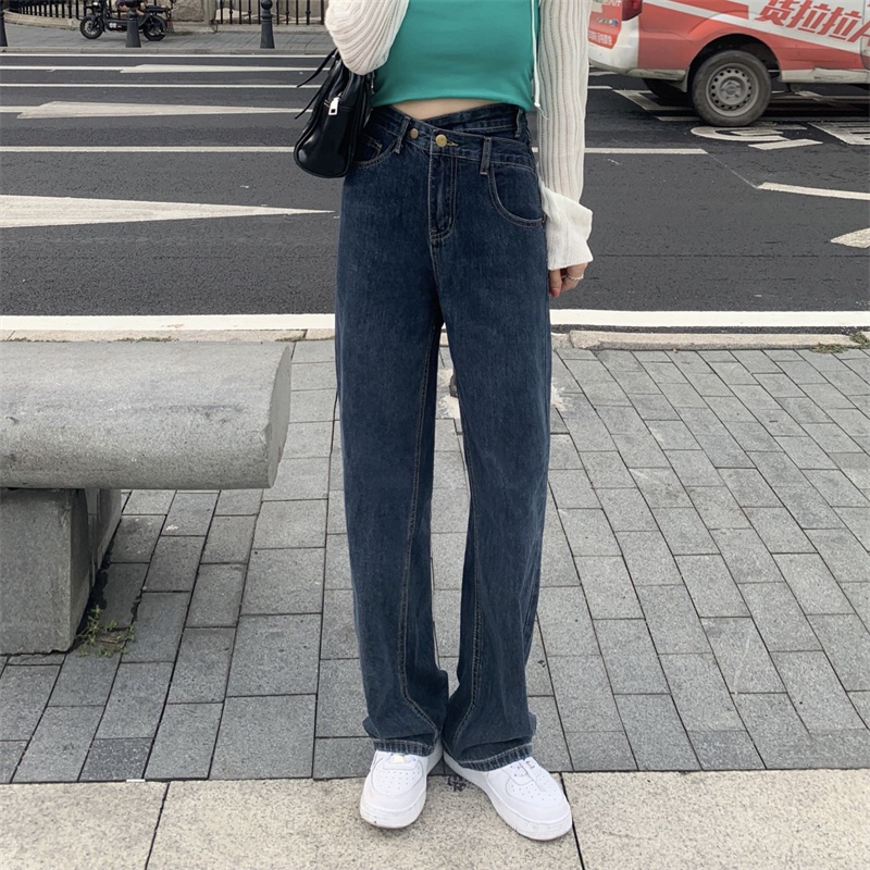 Xiaozhainv Quần jeans lưng cao dáng rộng phong cách Hàn Quốc dành cho nữ