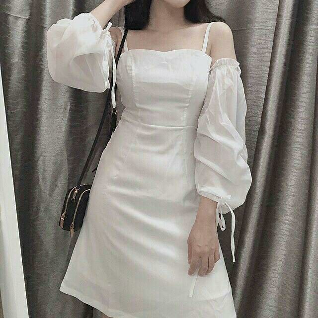 Đầm trắng tay voan kèm ảnh thật