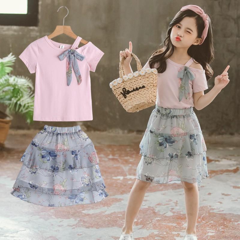Set áo thun tay ngắn &amp; váy hoa chiffon cho bé gái