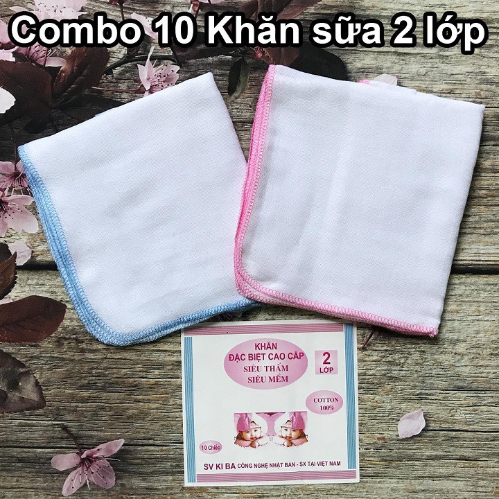 Combo 10 khăn sữa sơ sinh KIBA chất liệu cotton 2 lớp hàng Việt Nam (KIBA02)