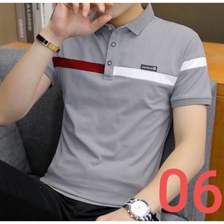 Áo thun nam ngắn tay có cổ polo xám viền ngực đỏ trắng
