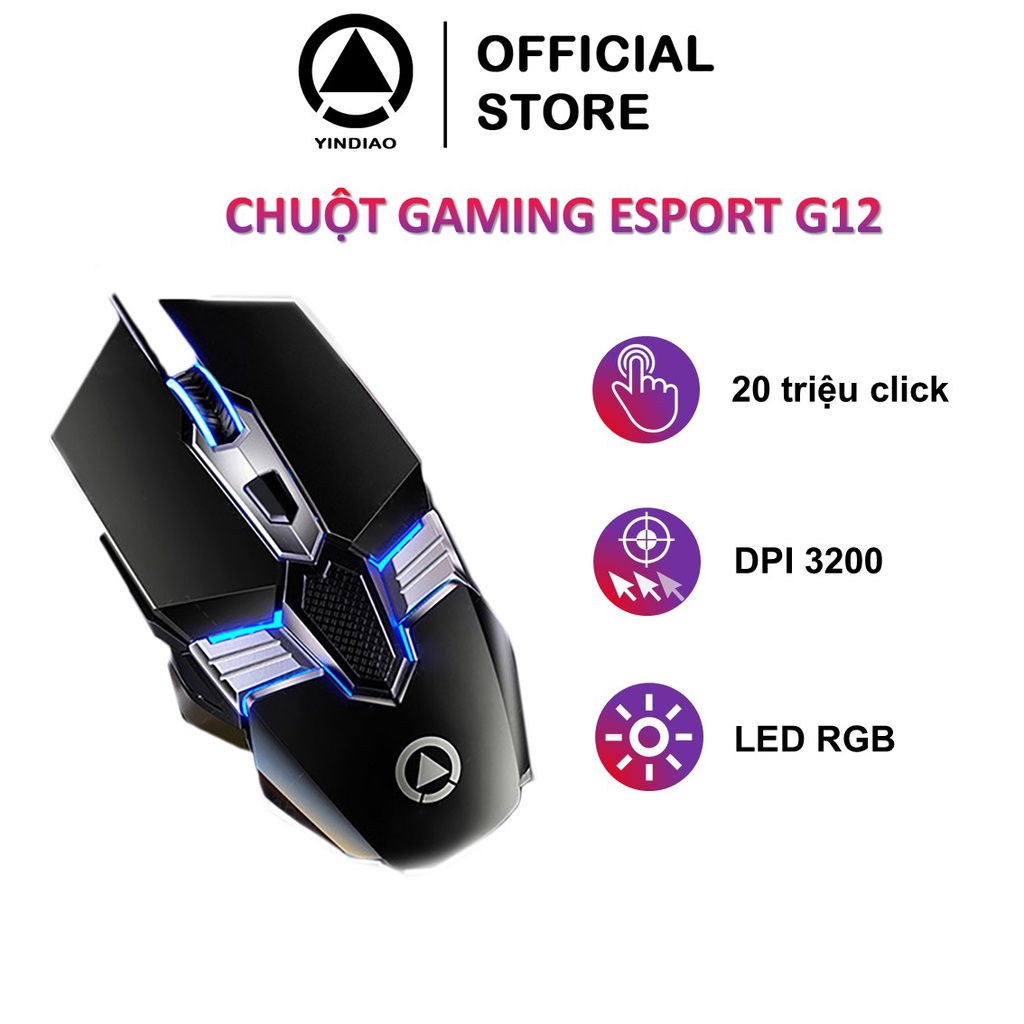 Chuột máy tính gaming có dây YINDIAO G12 chống ồn silent công thái học 4 mức điều chỉnh DPI đèn led RGB - Chính hãng