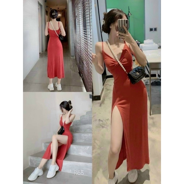 Đầm body xẻ tà 2 dây ( chất thun lụa ảnh thật cuối )