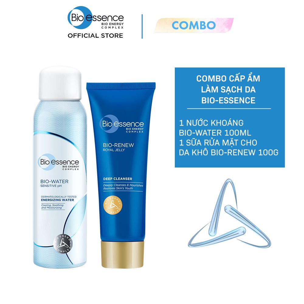 Combo cấp ẩm làm sạch da BioEssence (Nước khoáng BioWater Energizing Water 100ml+Sữa rửa mặt BioRenew sữa ong chúa 100g)