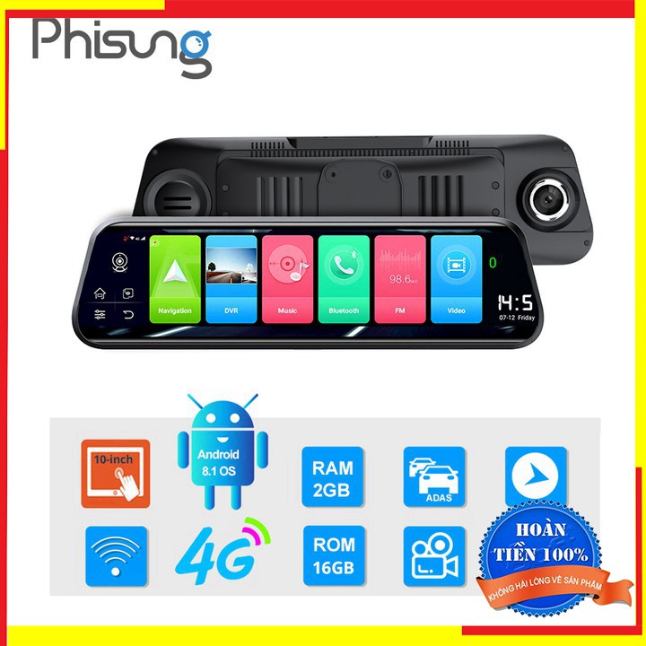 Camera hành trình gương ô tô thương hiệu cao cấp Phisung Z55, 4G, Wifi, 10 inch
