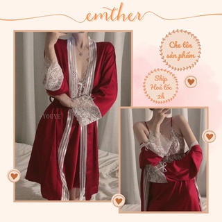 Set áo choàng ngủ lụa sexy kèm váy ngủ 2 dây phối ren Đầm mặc nhà gợi cảm quyến rũ cho nữ EMTHER - M08-CV