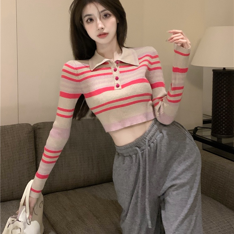 SUXI Áo Croptop Tay Dài Hoạ Tiết Kẻ Sọc Cho Nữ