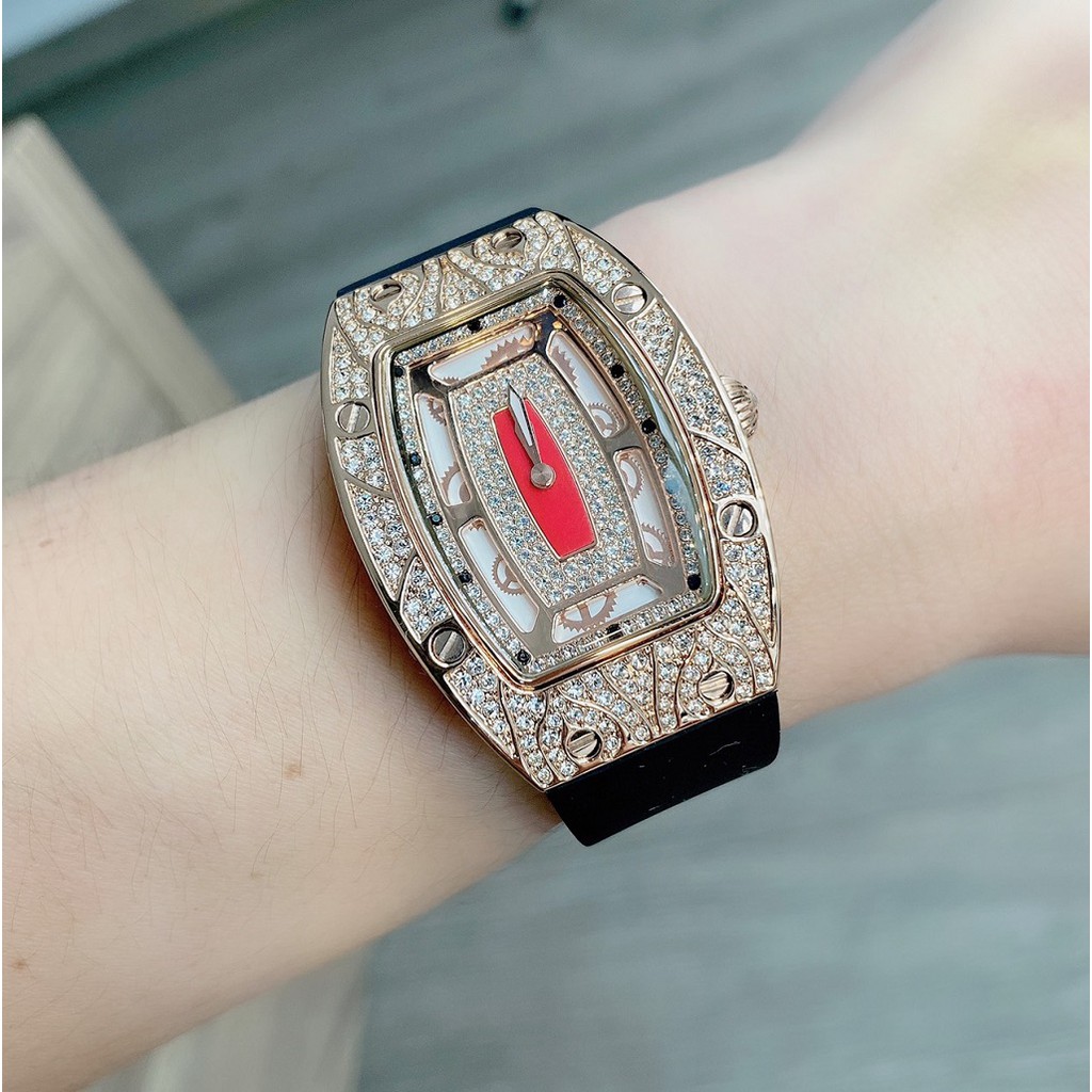 Đồng Hồ Nữ Davena Dây Silicon Đen Mặt Hoa Văn Đính Đá Rose Gold D31995 36mm Chính Hãng