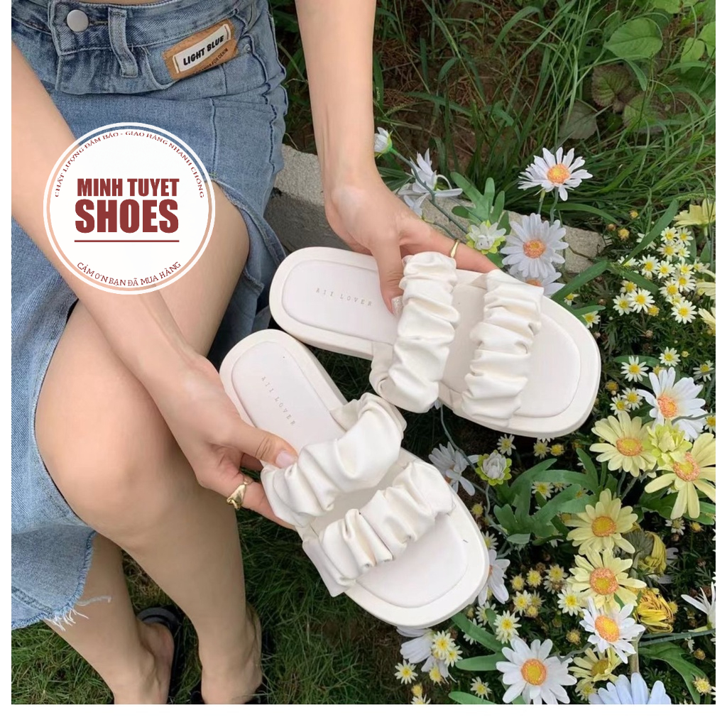 dép nữ đế bằng minhtuyetshoes quai ngang chéo nhún bèo đế bánh mì dày mẫu mới bền đẹp giá tốt