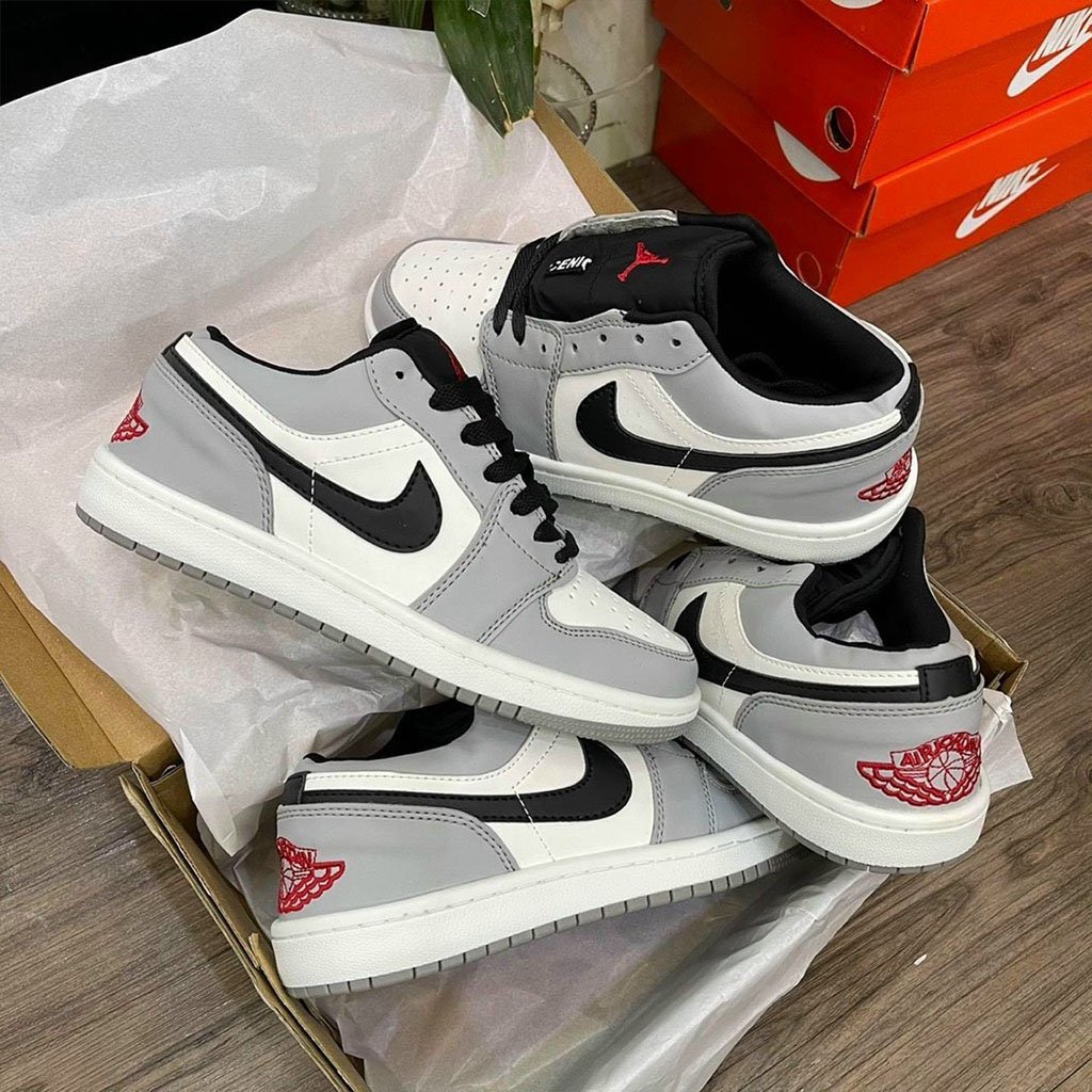 Giày Thể Thao Nam Nữ Giá Rẻ, Giày Nike Air Jordan Xám Low, JD1 Cổ Thấp Gót Đỏ Da Cao Cấp Thoáng Khí