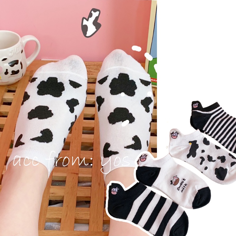 Tất vớ cổ thấp họa tiết bò sữa xinh xắn cho nữ