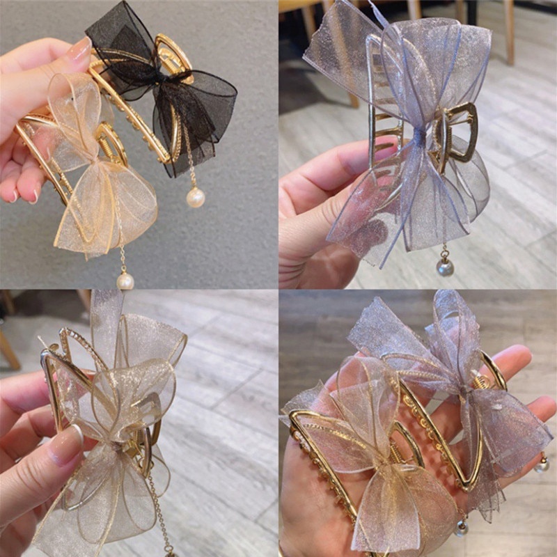 Kẹp Tóc Hình Nơ Lưng Đính Ngọc Trai Xinh Xắn Cho Nữ