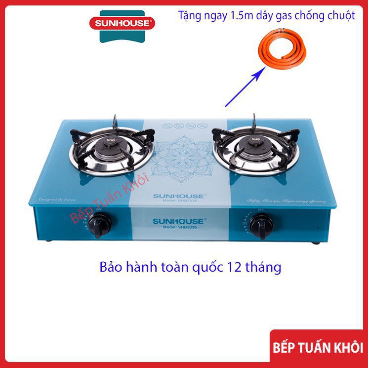 Bếp gas đôi sunhouse SHB3336 - Mặt kính, Pep đồng, Dài 67cm x Rộng 36,5 cm x Cao 16 cm - Chính hãng Sunhouse