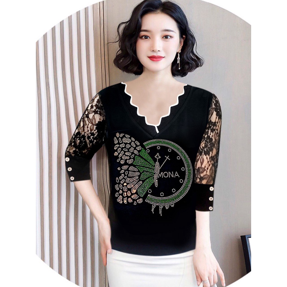 Áo Trung Niên Thun Phối Thời Trang Quảng Châu Tay Lỡ Đầy Đủ Hoạ Tiết Siêu Đẹp, Áo Ren Phối Thời Trang Tặng Mẹ, Tặng Bà