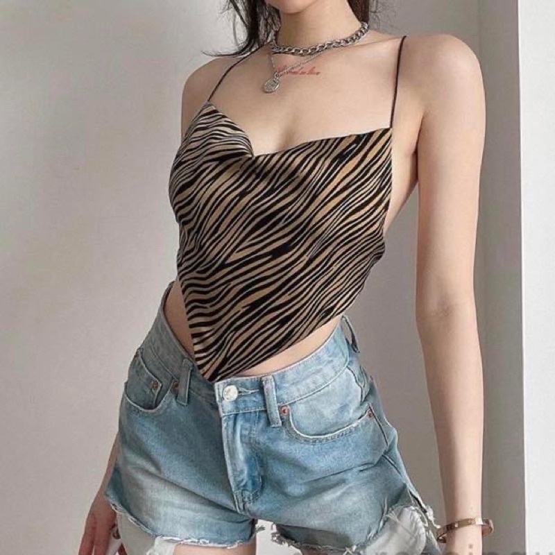 Áo hai dây kiểu hở lưng croptop đan dây lưng lụa satin phi bóng kẻ vằn sọc - Order taobao quảng châu