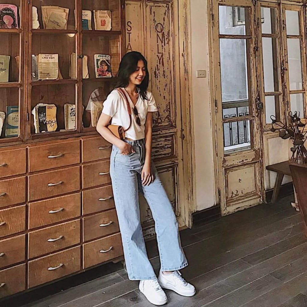 Quần Jean nữ lưng cao ống rộng SIMPLE JEANS Cao cấp - Có thương hiệu