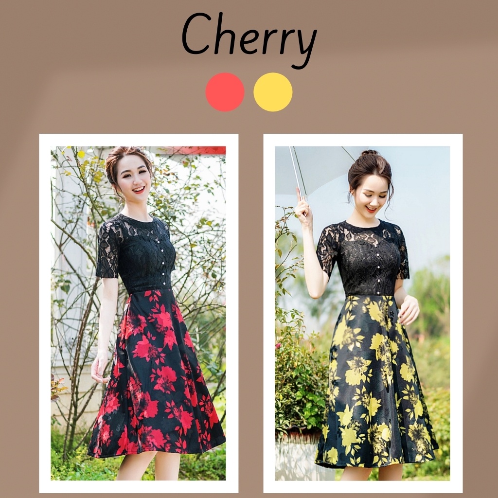 Đầm công sở thiết kế liền thân dáng xòe, váy hoa công sở sang trọng ôm eo tôn body siêu đẹp, đi làm, dự tiệc Cherry V043