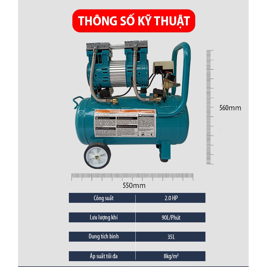 Máy nén khí không dầu Romano ROMA 20-35, Bình 35L, 2 đầu khí ra, công nghệ Italy