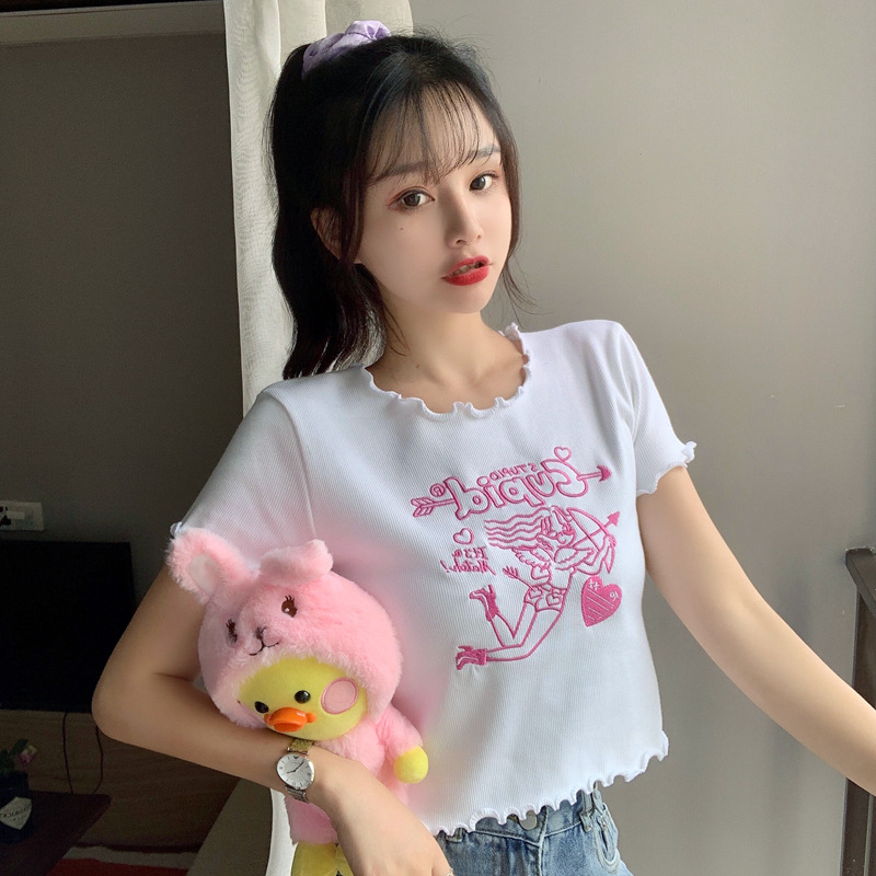 Áo Croptop Tay Ngắn Hoạ Tiết Thêu Phong Cách Hàn Quốc