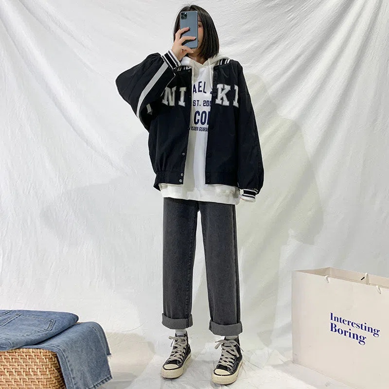 SUXI Quần Jean Dài Lưng Cao Ống Rộng Dáng Suông Kiểu Hàn Quốc Thời Trang Mùa Thu Cho Nữ