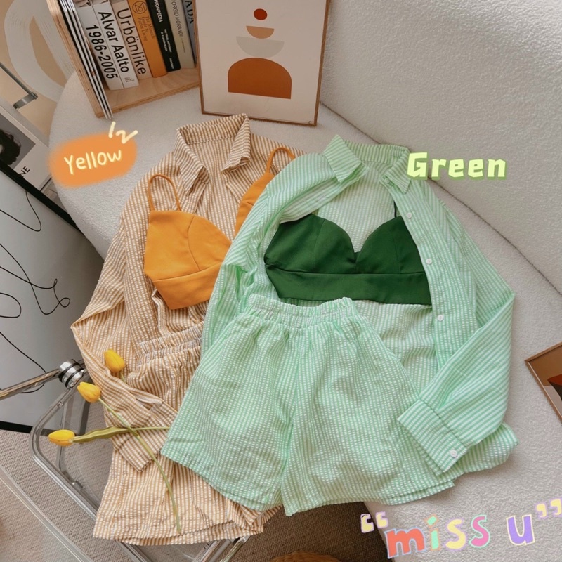 Set khoác sơ mi sọc + bra 2s + short sọc