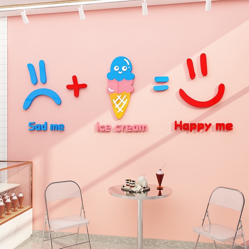 Tranh dán tường mica dán nổi kem happy trang trí quán kem, trà sữa, cafe, sinh tố