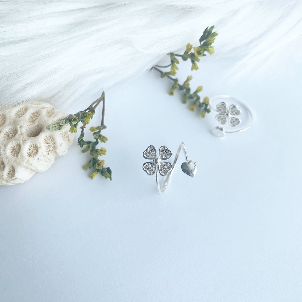 Nhẫn bạc 925 freesize cỏ 4 lá, mặt tim trơn thủng xinh xắn Dế Bạc - N2122