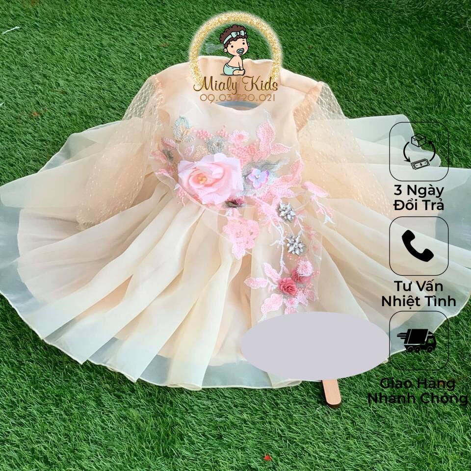 Đầm công chúa bồng bềnh cao cấp tay dài ren kết hoa cho bé gái (7-25kg) vải cao cấp tay dài ren không gây nóng, vô cùng