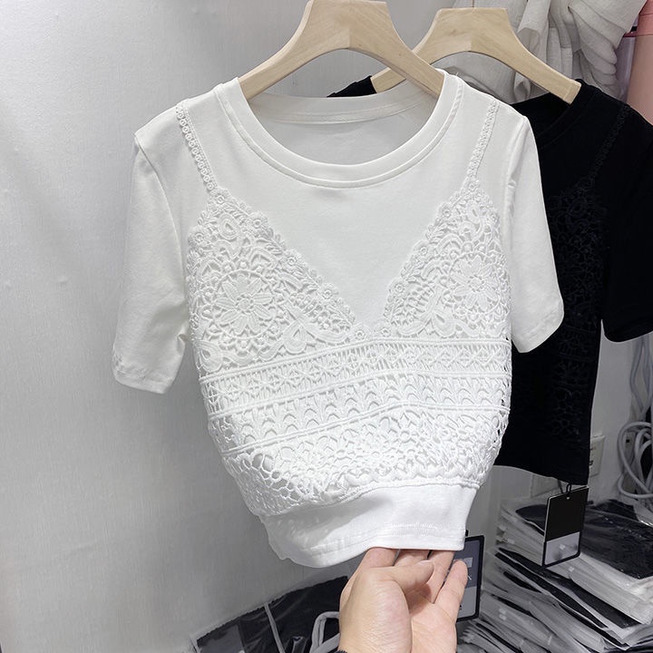 Áo thun tay ngắn cổ tròn thêu ren bằng cotton kiểu mùa hè 2022 thanh lịch cho nữ