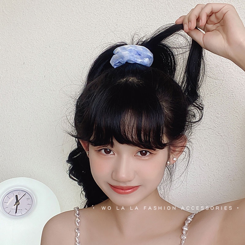 Dây Buộc Tóc Cao Su Co Giãn Họa Tiết Chấm Bi Màu Xanh Dương Xinh Xắn Cho Nữ