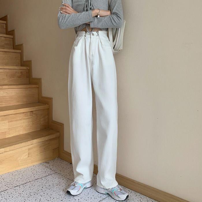 Jiashucheng Quần Jean Nữ Ống Rộng Lưng Cao Phong Cách Hàn Quốc Mới