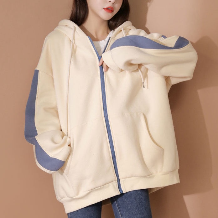 【Yuki】Áo nỉ sọc tay có mũ trùm đầu phong cách Hàn Quốc | BigBuy360 - bigbuy360.vn