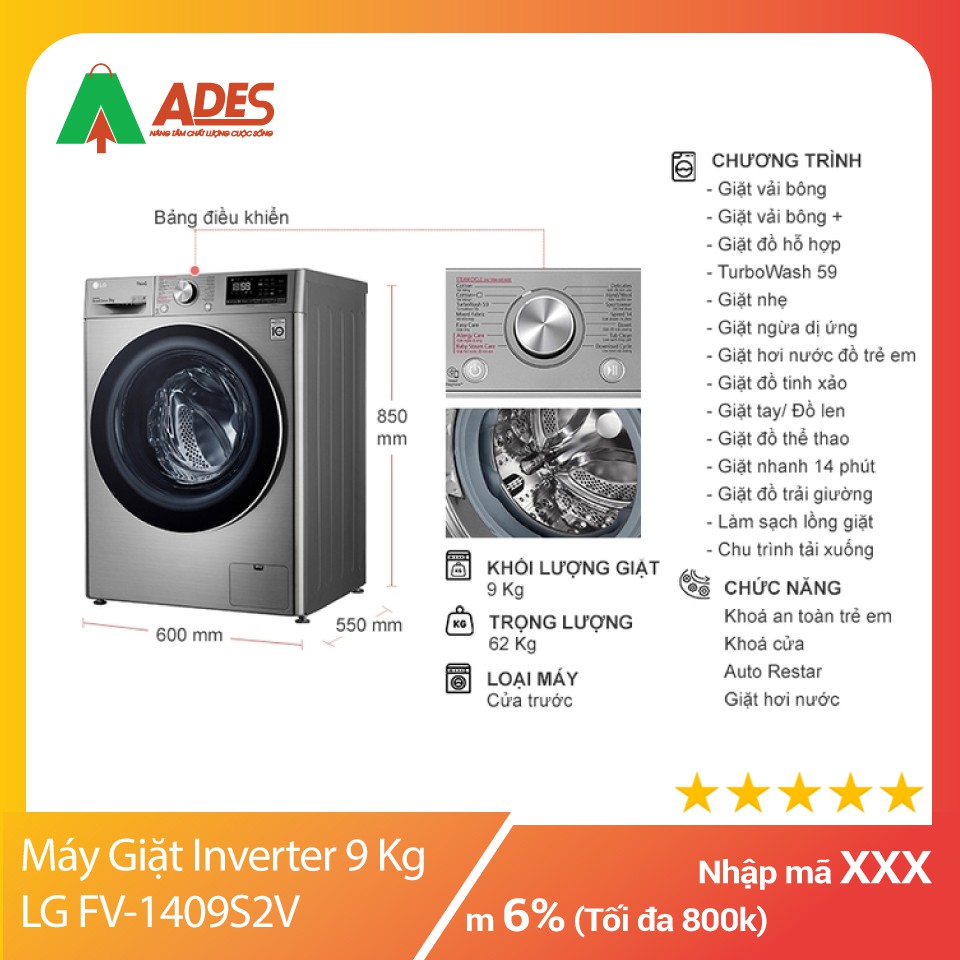 Máy Giặt Cửa Trước Inverter 9 Kg LG FV-1409S2V | Chính Hãng Giá Rẻ